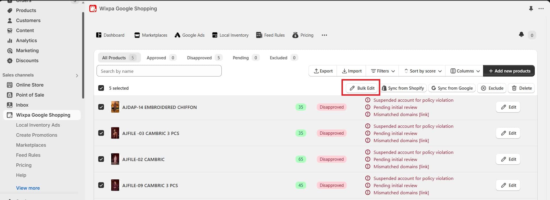 wixpa google shopping feed Bulk Edit