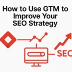 Google Tag Manager SEO illustration showing GTM connected to analytics graphs and SEO growth icons