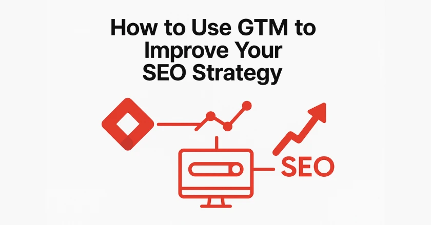 Google Tag Manager SEO illustration showing GTM connected to analytics graphs and SEO growth icons