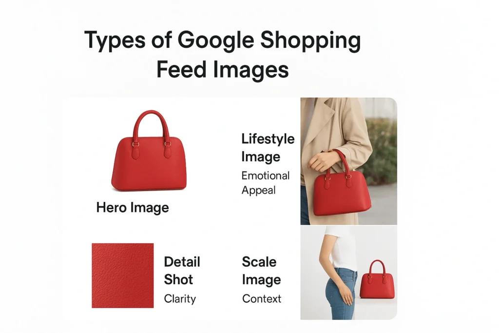 Diagram showing hero, lifestyle, detail, and scale image types used in Google Shopping feeds.