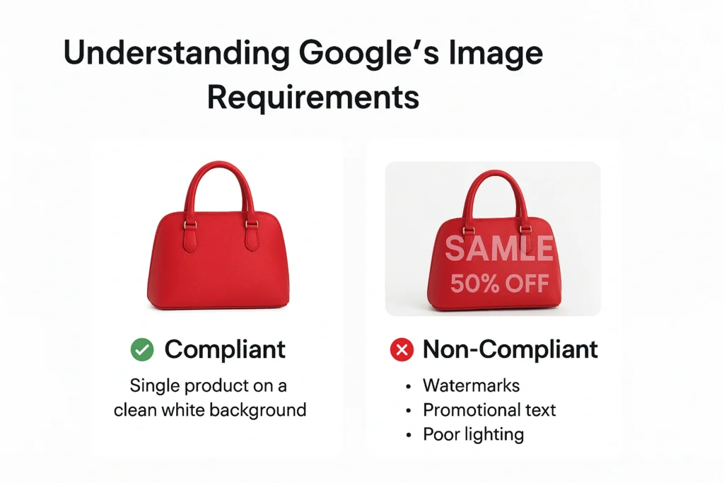 Checklist visual showing Google Merchant Center image requirements like white background and no watermarks.