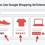 Illustration of Google Shopping product ads with highlighted ad extensions such as price, promotions, and ratings boosting CTR.