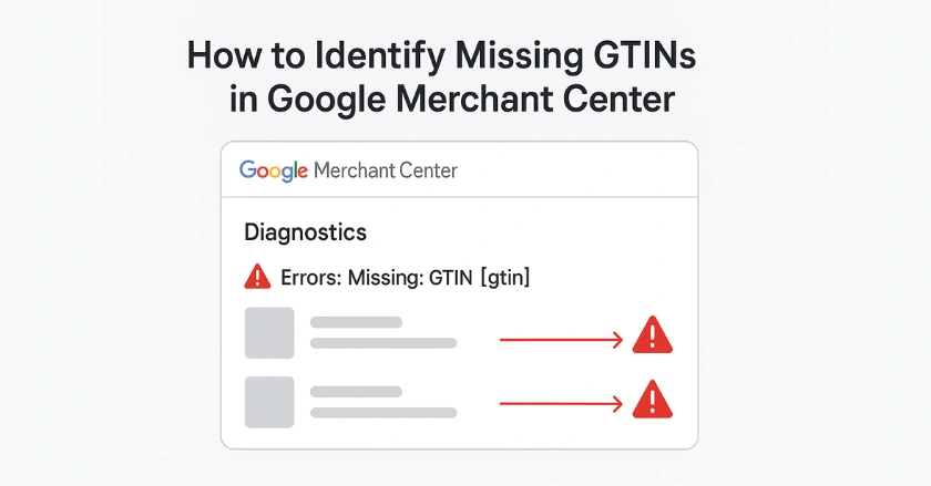 Illustration of Google Merchant Center Diagnostics tab highlighting Missing GTIN errors in the product list.