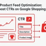 Illustration showing Google Shopping feed optimization dashboard with rising CTR metrics and product data flow.