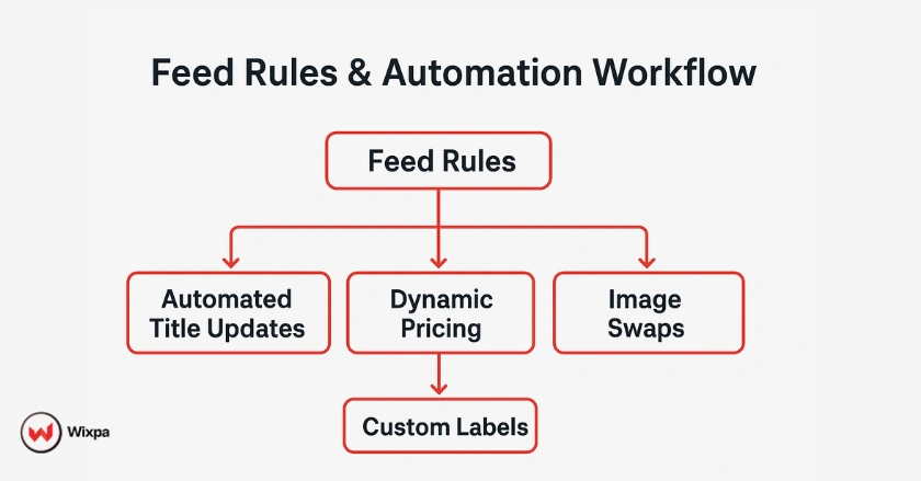 Feed automation process diagram showing how Google Merchant Center rules update product data and images automatically.