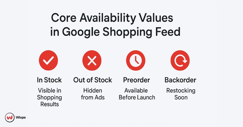 Four main availability values in Google Shopping feed: in stock, out of stock, preorder, and backorder