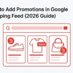 Illustration showing Google Shopping products with visible promotion badges improving CTR and conversions.