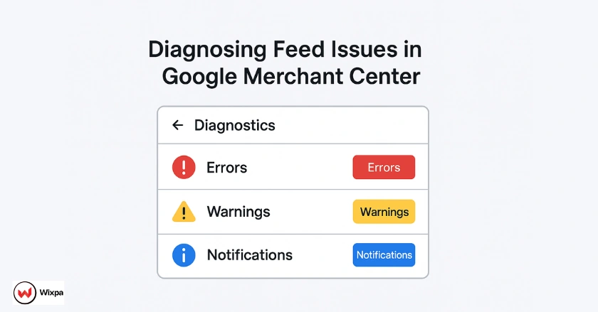 Google Merchant Center Diagnostics tab showing errors, warnings, and notifications for feed troubleshooting