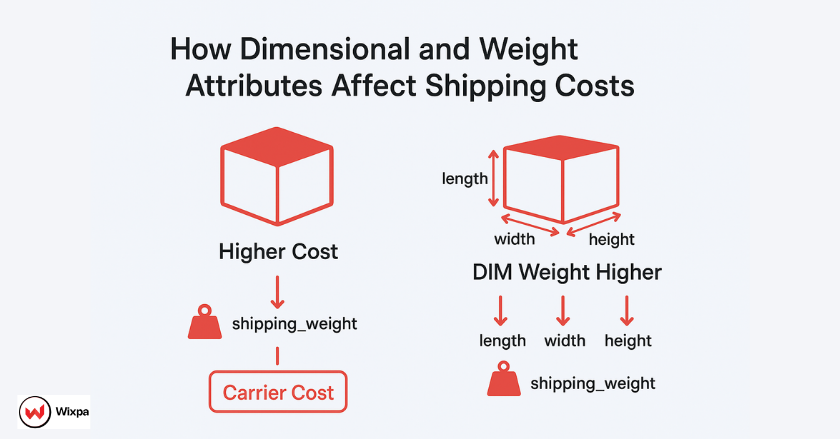 Illustration comparing product shipping_weight and dimensions to show how size and weight attributes in a Google Shopping feed affect carrier shipping costs.
