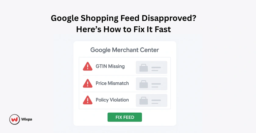 Illustration of Google Merchant Center showing disapproved products with alerts for common feed issues like GTIN missing and price mismatch.