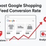 Illustration showing an optimized Google Shopping feed with rising conversion and CTR metrics representing improved ad performance.
