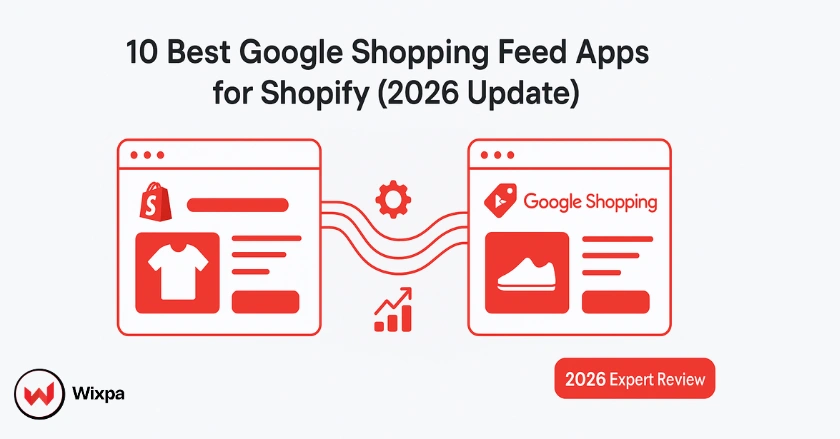 Hero image showing a Shopify store connected to Google Shopping through automated product feed lines, representing the best Google Shopping feed apps for 2026.