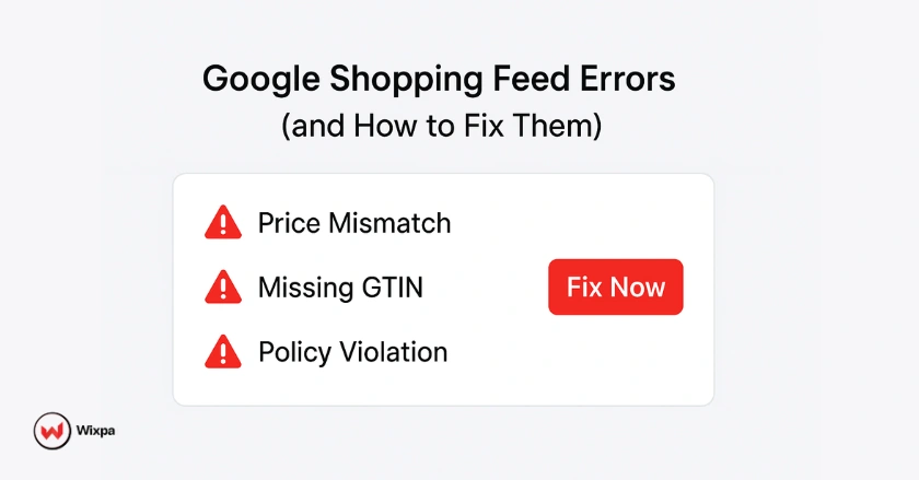 Illustration of Google Shopping feed dashboard showing common feed errors like price mismatches and policy violations.