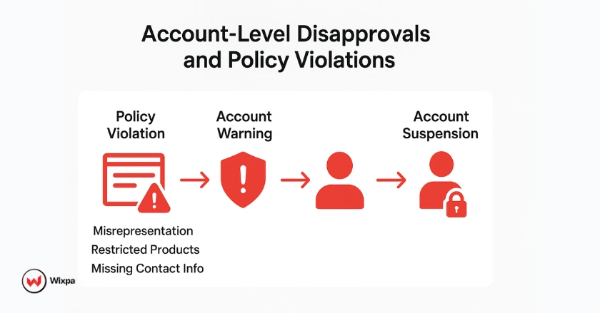 Flow diagram showing how policy violations can escalate from warnings to full Google Merchant Center account suspension.