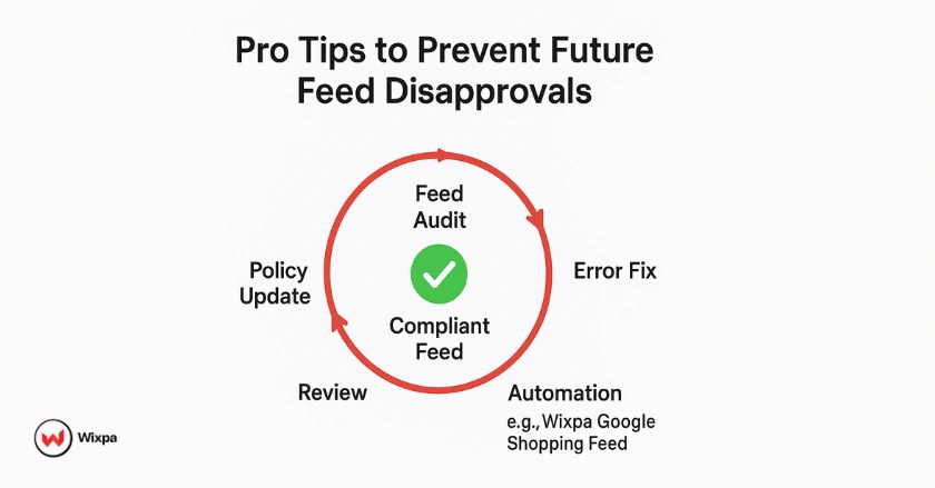 Cycle diagram showing continuous process for preventing Google Shopping feed disapprovals through auditing, fixing, and automation using tools like Wixpa.