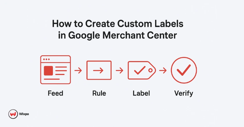 Step-by-step diagram of creating custom labels in Google Merchant Center using Feed Rules to assign label conditions like Under $25 or Bestseller.