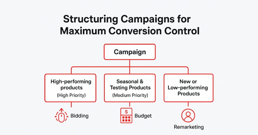 Campaign structure chart illustrating priority tiers for products and how strategic bidding improves Google Shopping conversions.