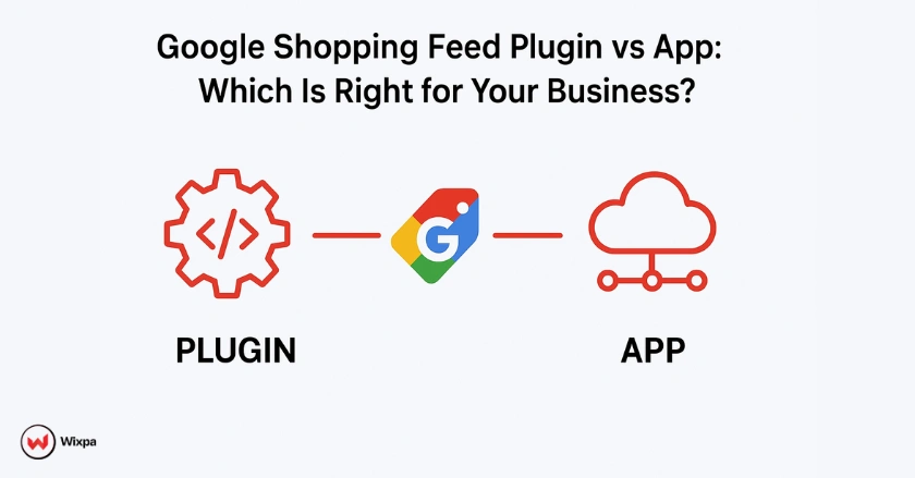 Comparison between Google Shopping feed plugin and app with visuals of coding and cloud connection.