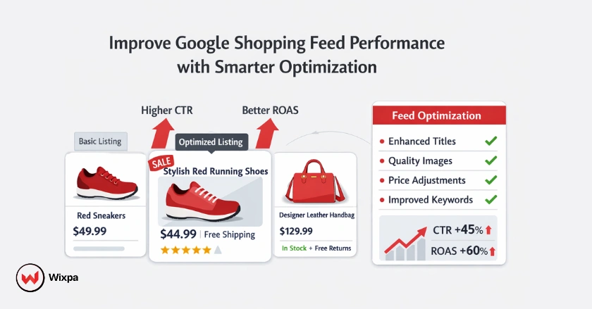 Feature image showing how optimized Google Shopping feeds improve visibility, CTR, and ROAS through better product data.