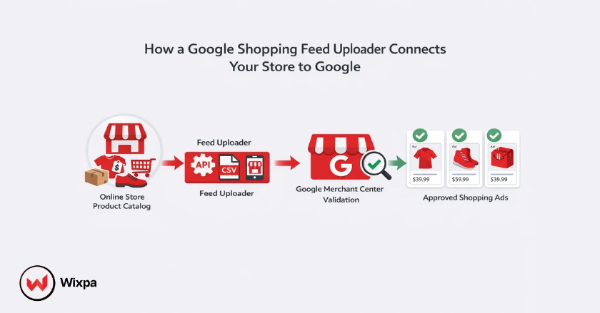 Diagram showing how a Shopping feed uploader transfers product data from an online store to Merchant Center.