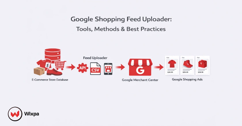 Feature image illustrating how a Google Shopping feed uploader sends product data to Merchant Center and Shopping ads.