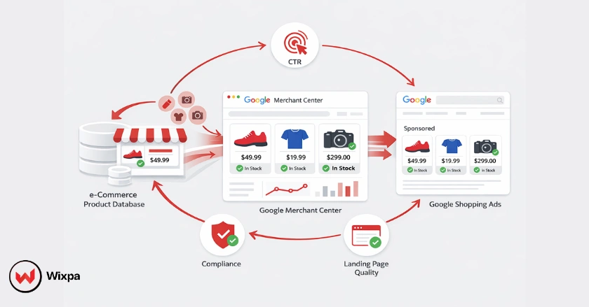 Diagram illustrating how Google Shopping feed quality signals influence ad visibility and performance.