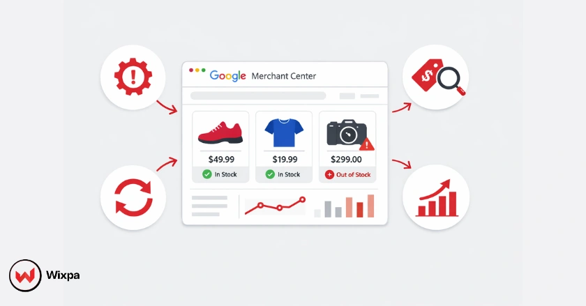 Feature image showing Google Shopping feed maintenance with product data optimization, error monitoring, and Merchant Center compliance.