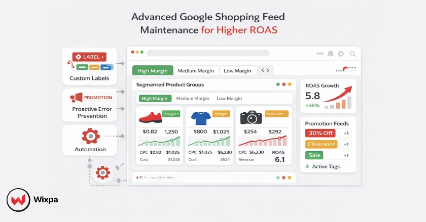 Illustration showing advanced Google Shopping feed maintenance strategies using automation, custom labels, and promotions.
