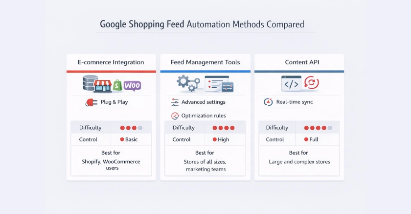 Comparison infographic showing ecommerce integrations, feed management tools, and Content API for Google Shopping automation.