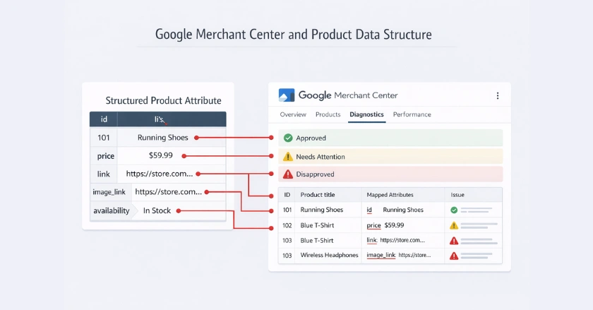 Illustration of product attribute mapping into Google Merchant Center with diagnostics and approval indicators.