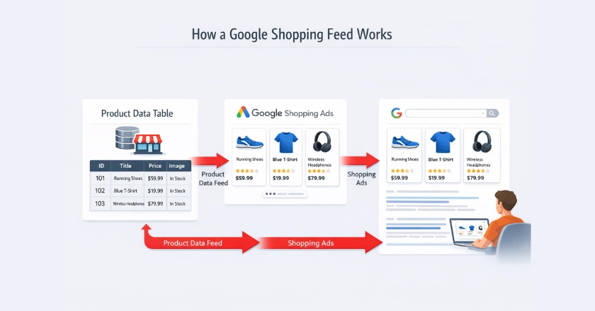 Diagram explaining how Google Shopping feed data turns into Shopping Ads displayed in search results.