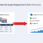 Infographic showing automated Google Shopping feed syncing from ecommerce store to Google Merchant Center dashboard.
