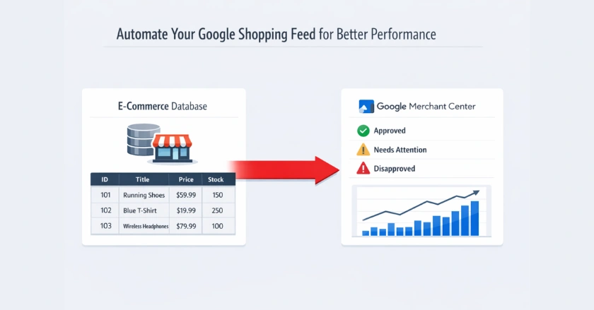 Infographic showing automated Google Shopping feed syncing from ecommerce store to Google Merchant Center dashboard.