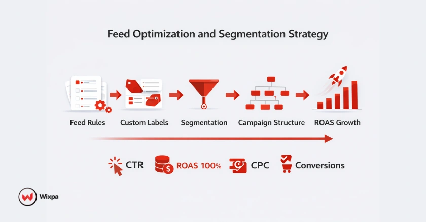 Feed optimization strategy using rules, custom labels, segmentation, and ROAS growth model