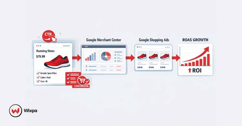 Google Shopping feed conversion optimization process improving ROAS and product visibility.