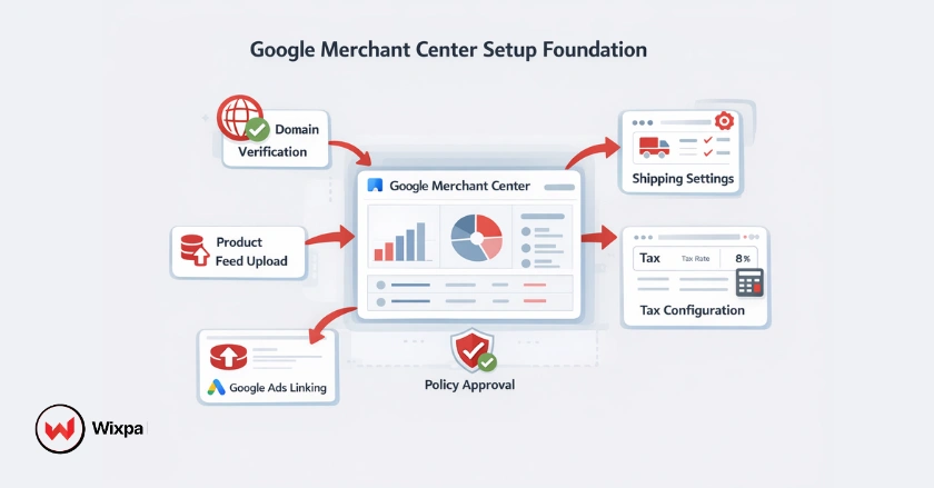 Diagram showing the essential setup steps for Google Merchant Center including domain verification and feed configuration.