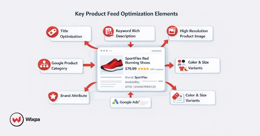 Product feed optimization diagram showing titles, images, brand, and attributes used in Shopping feeds.
