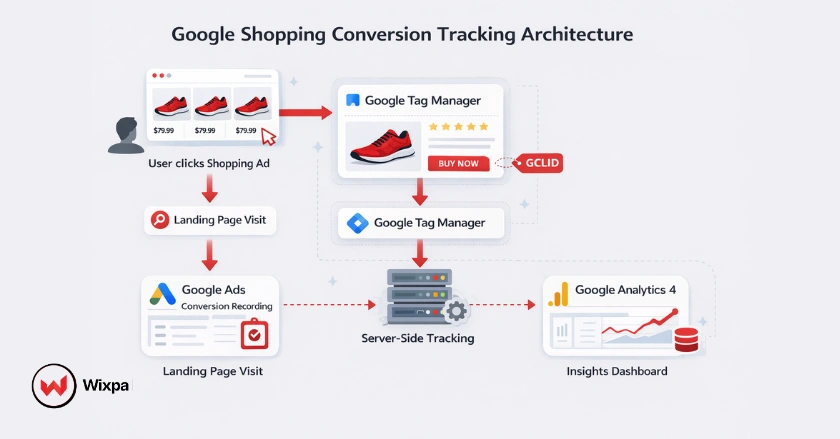 Google conversion tracking flow showing GTM, server-side tracking, GA4, and Google Ads attribution.