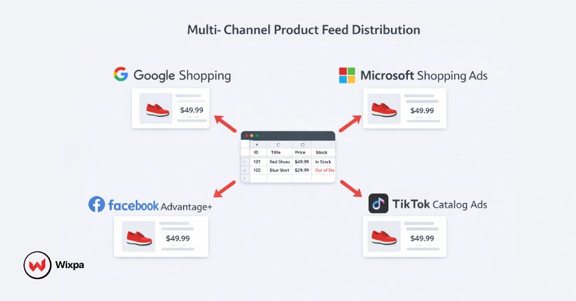 Diagram showing how feed management tools distribute product data to Google Shopping, Microsoft Ads, Facebook, and TikTok.
