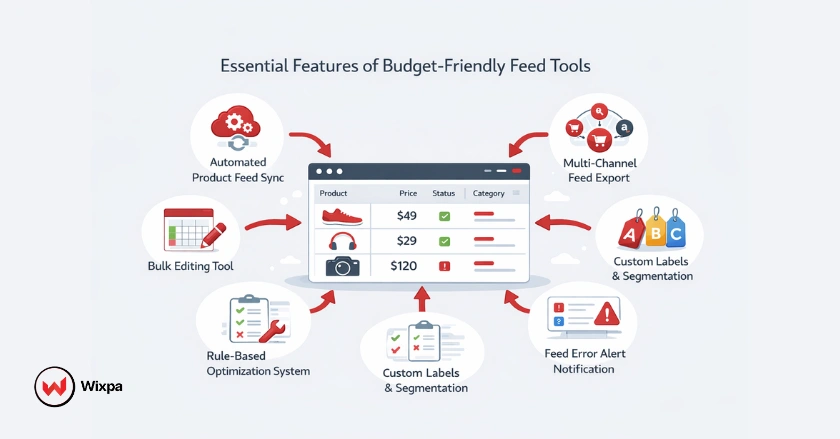 Diagram illustrating the essential features of   Shopping feed tools including automation and bulk editing.